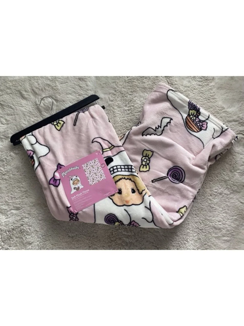 Halloween Candy Ghost Monchhichi Pink Soft Plush Throw Blanket 50” X 70” NEW